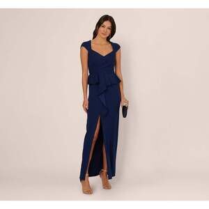 Adrianna Papell Cap Sleeve Draped Peplum Gown In Navy Sateen Size 18Navy Sateen